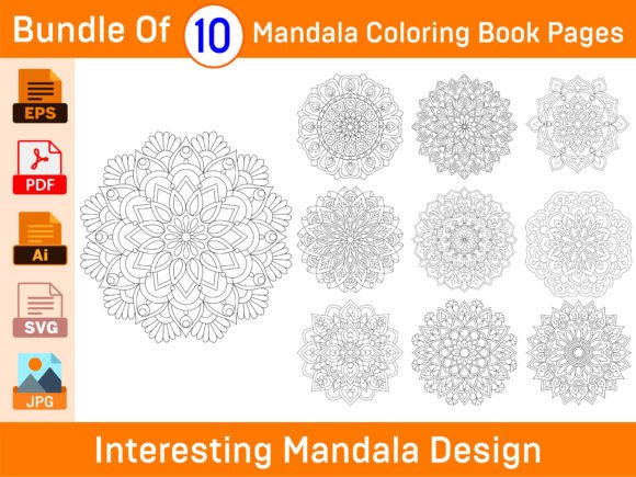 Bundle of 10 Radiant Symmetry Mandala Gráfico Páginas y libros de colorear para adultos Por DesignConcept