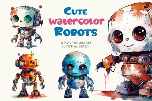 Cute Watercolor Robots. TShirt Sticker. Graphic AI Transparent PNGs By Keno Shop