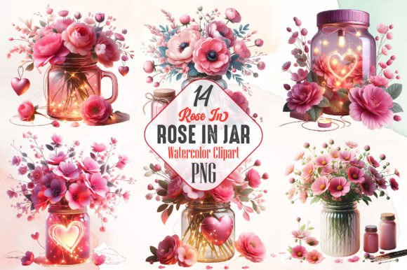 Valentine Rose in Jar Watercolor Clipart Afbeelding Afdrukbare Illustraties Door RobertsArt