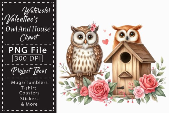 Watercolor Valentine Owl and House Graphic Illustrations By LibbyWishes