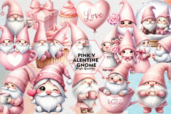 Pink Valentine Gnome Sublimation Clipart Gráfico Ilustrações para Impressão Por PIG.design