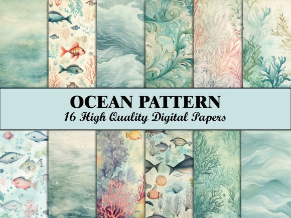 Sea Scrapbook Paper Blue Ocean Pattern Gráfico Patrones de Papel Por Wildflower Publishing