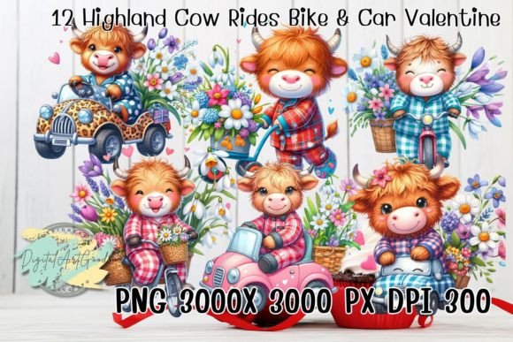 12 Highland Cows Rides Valentine Flowers Graphic AI Illustrations By DigitalArtGood