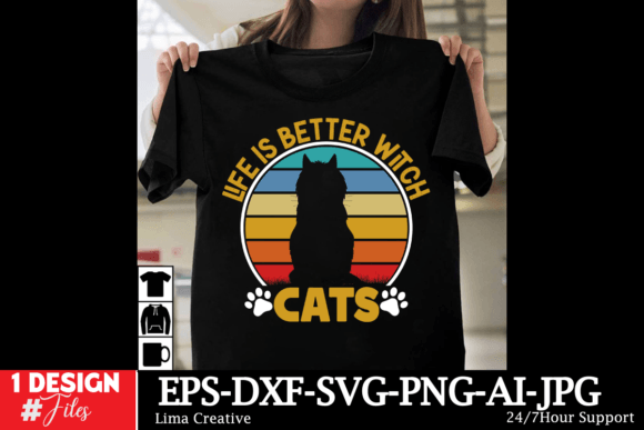 Life is Better Witch Cats SVG Cut File Gráfico Diseños de Camisetas Por Lima Creative