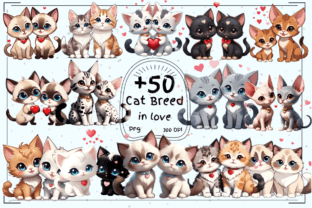 +50 Cute Cat Breed in Love Clipart Gráfico Ilustraciones Imprimibles Por Hamees Store 1