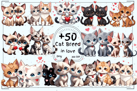 +50 Cute Cat Breed in Love Clipart Grafik Druckbare Illustrationen Von Hamees Store