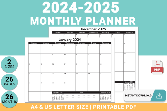 2024-2025 Monthly Planner Landscape PDF Graphic Print Templates By ClawsPrints