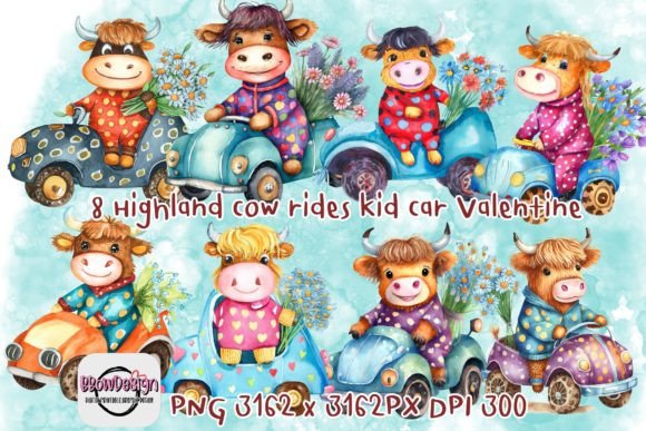 8 Highland Cows Ride Car Valentine Daisy Graphic AI Illustrations By BbowDesign