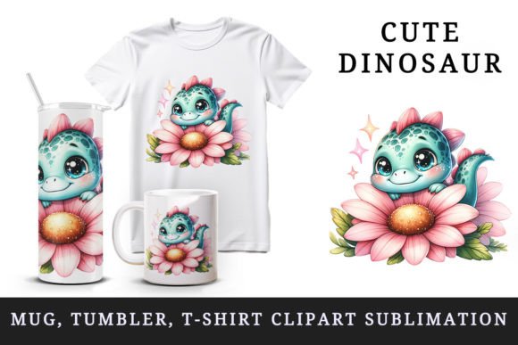 Cute Dinosaur & Flowers Mug Wrap Clipart Gráfico Artesanato Por Tati Design