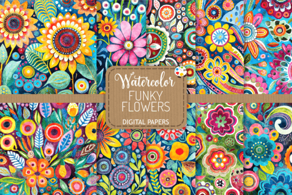 Funky Flowers Set 5 - Watercolor Florals Grafica Motivi di Carta Di Prawny