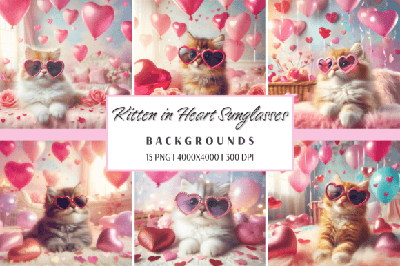 Kitten in Heart Sunglasses and Balloons Graphic AI Graphics By Redsky Cat