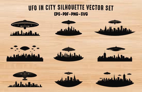 UFO in City Vector Black Silhouette Set Afbeelding Afdrukbare Illustraties Door Gfx_Expert_Team