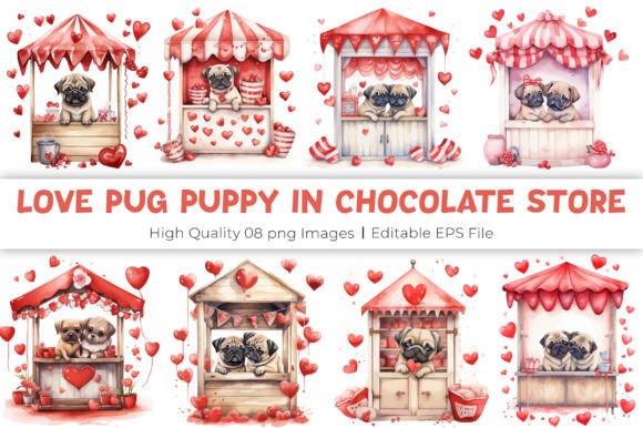 Valentine Pug Puppy in Chocolate Store Grafik Druckbare Illustrationen Von mirazooze