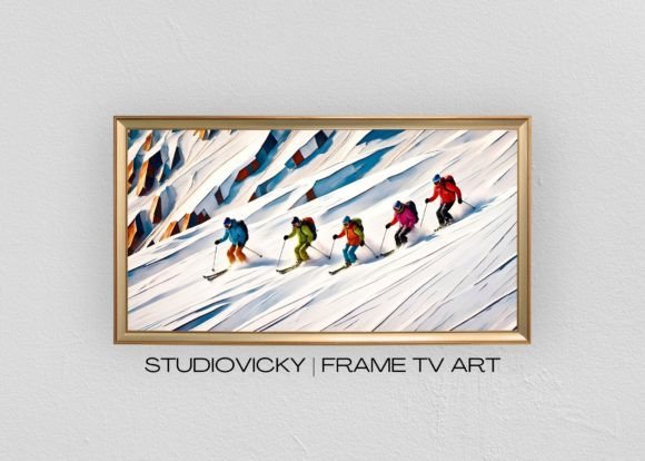 Winter Frame TV Art Skiers Painting Graphic Illustrations By Victoria Gates