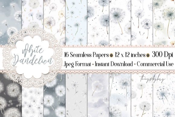 16 Seamless White Dandelion Patterns Graphic Patterns By ThingsbyLary