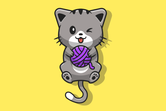 Cute Cat Playing Yarn Ball Cartoon Grafik Druckbare Illustrationen Von catalyststuff