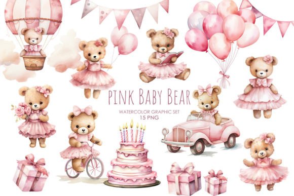 Watercolor Pink Baby Bear Clipart. Graphic AI Illustrations By Aquarelle Space