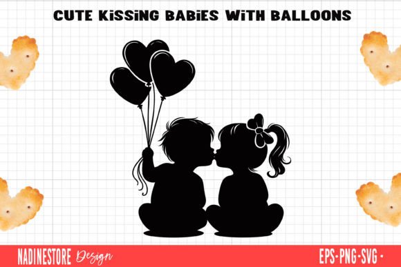 Cute Kissing Babies with Heart Balloon. Graphic Illustrations By NadineStore