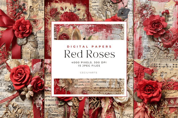 Red Roses Junk Journal Page Graphic Illustrations By Cecily Arts