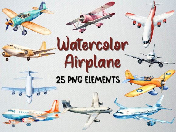 Watercolor Airplane Clipart Set, 25 PNG Graphic Illustrations By beyouenked