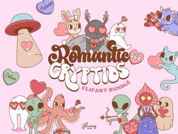 Cute Valentine's Day Cryptids Clipart Graphic Objects By huxmay