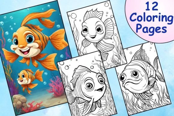 Fun & Easy Fish Coloring Pages for Kids Gráfico Desenhos e livros para colorir para crianças Por Catchy Ideaz