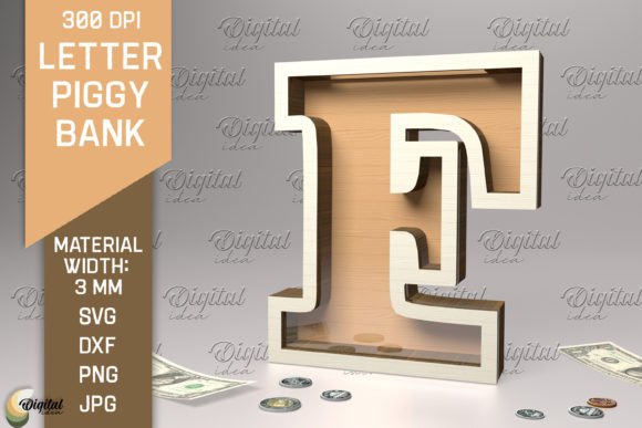 Letter Piggy Bank Laser Cut. Letter F Illustration SVG 3D Par Digital Idea