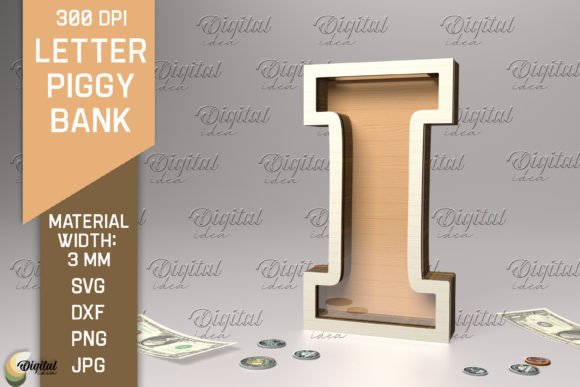 Letter Piggy Bank Laser Cut. Letter I Illustration SVG 3D Par Digital Idea