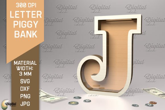 Letter Piggy Bank Laser Cut. Letter J Illustration SVG 3D Par Digital Idea