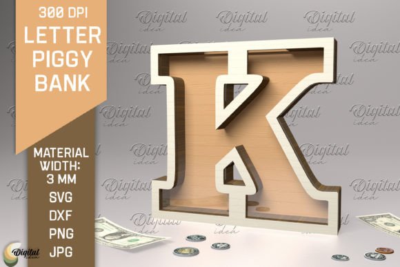 Letter Piggy Bank Laser Cut. Letter K Illustration SVG 3D Par Digital Idea