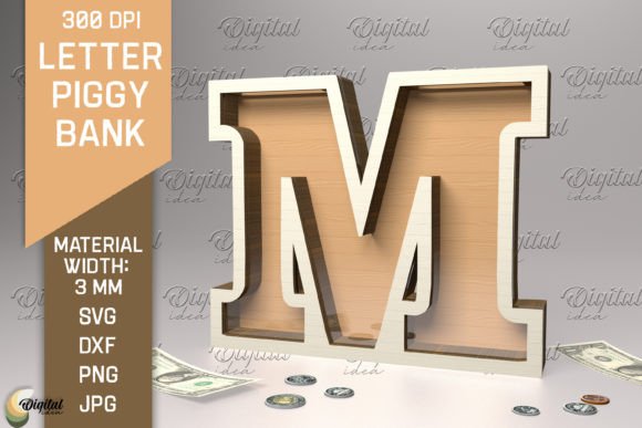 Letter Piggy Bank Laser Cut. Letter M Gráfico SVG 3D Por Digital Idea