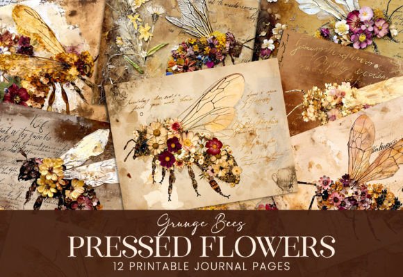 Pressed Flowers Grunge Bee Journal Pages Graphic Planos de Fundo By Visual Gypsy