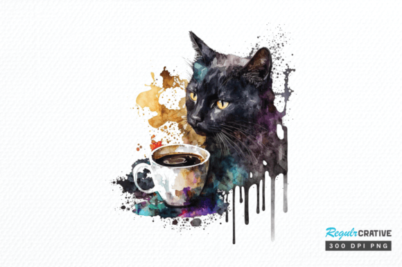 Watercolor Black Cat and Coffee Clipart Graphic Illustrations By Regulrcrative