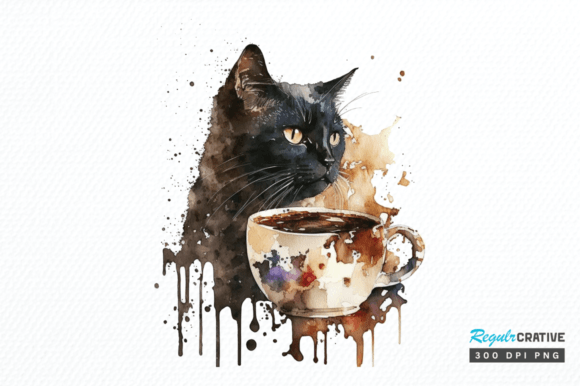 Watercolor Black Cat and Coffee Clipart Graphic Illustrations By Regulrcrative