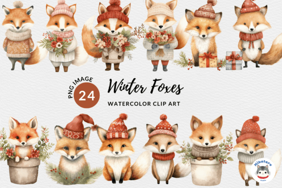Watercolor Winter Foxes Clipart Set Illustration Illustrations AI Par Mikatarostudio