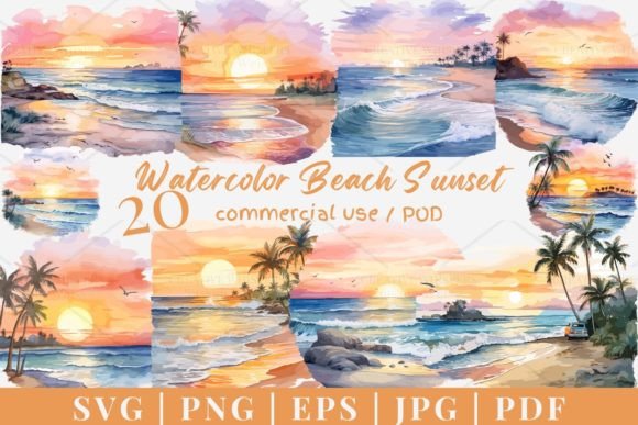20 Watercolor Beach Sunset, SVG, PNG 955 Gráfico Ilustraciones Imprimibles Por SWcreativeWhispers