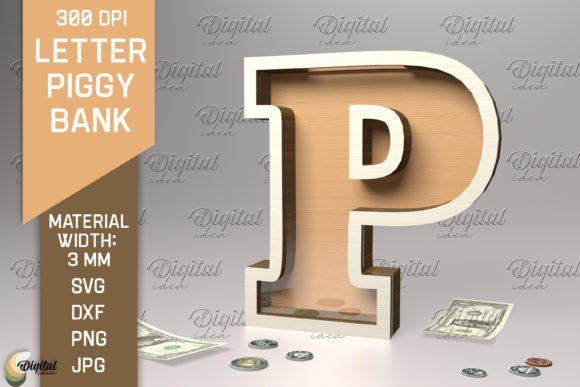 Letter Piggy Bank Laser Cut. Letter P Illustration SVG 3D Par Digital Idea