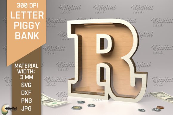 Letter Piggy Bank Laser Cut. Letter R Illustration SVG 3D Par Digital Idea