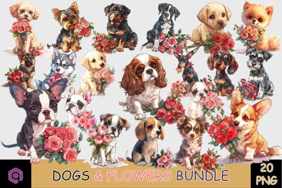 Valentine Dogs and Rose Clipart Bundle Grafik Druckbare Illustrationen Von Quoteer