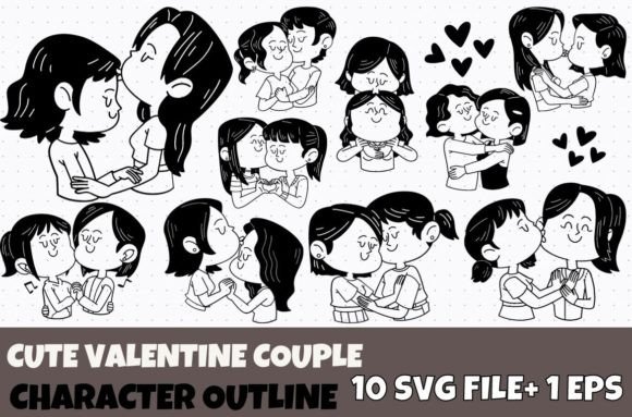 Lesbian Valentine Couple Outline SVG Gráfico Ilustraciones Imprimibles Por gagestudioofficial