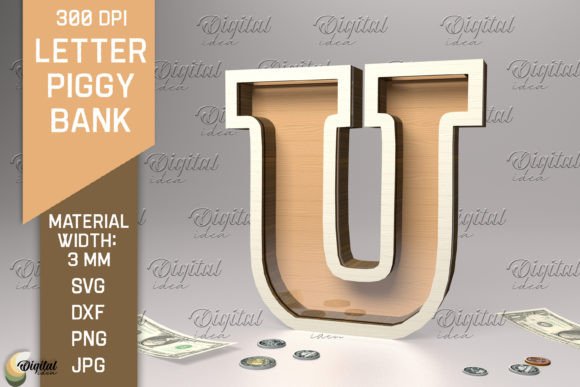 Letter Piggy Bank Laser Cut. Letter U Illustration SVG 3D Par Digital Idea