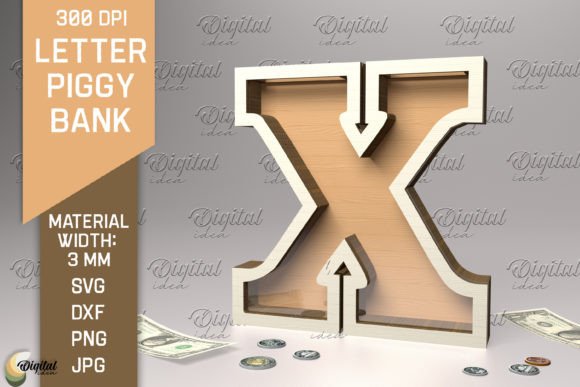 Letter Piggy Bank Laser Cut. Letter X Illustration SVG 3D Par Digital Idea