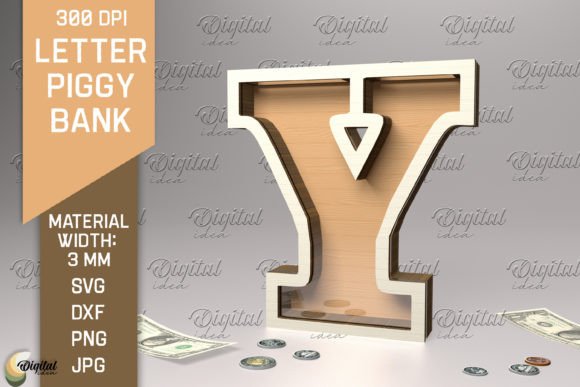Letter Piggy Bank Laser Cut. Letter Y Illustration SVG 3D Par Digital Idea