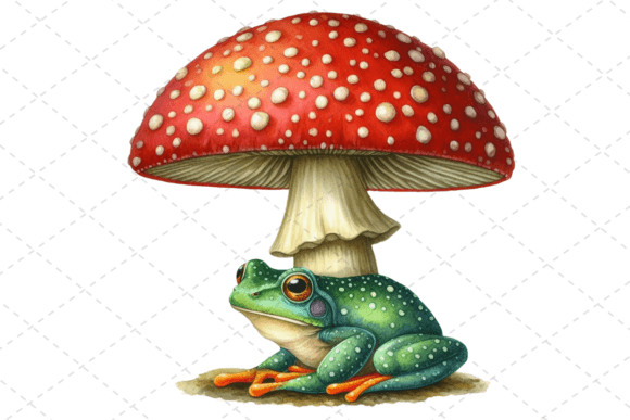 Watercolor Frog Under a Mushroom Clipart Gráfico Ilustrações para Impressão Por vectmonster