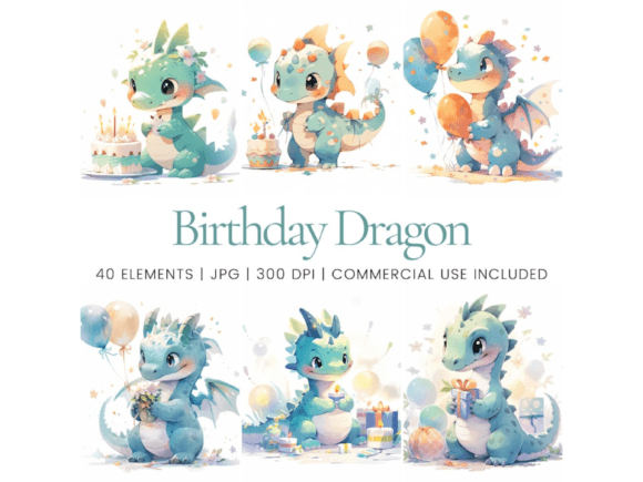 Adorable Birthday Dragon Clipart Gráfico Ilustraciones IA Por Ikota Design