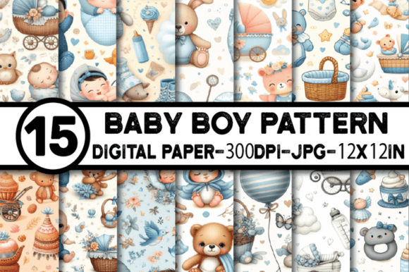 Baby Boy Seamless Digital Paper Pack Graphic AI Patterns By ElksArtStudio