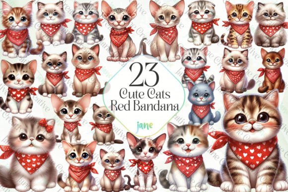 Cute Cats Red Bandana Sublimation Bundle Grafik Druckbare Illustrationen Von JaneCreative