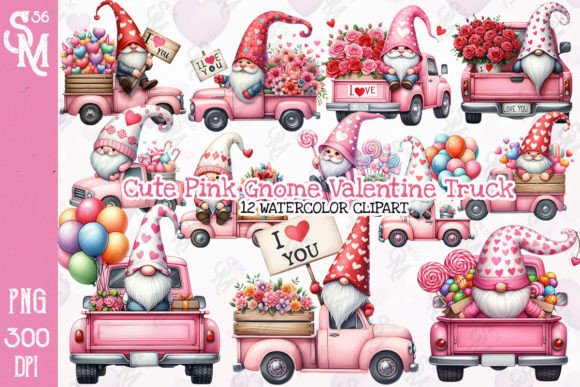 Cute Pink Gnome Valentine Truck Clipart Gráfico Ilustrações para Impressão Por StevenMunoz56