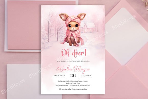 Cute Pink Reindeer Baby Shower Invite Graphic Print Templates By Blush Roses