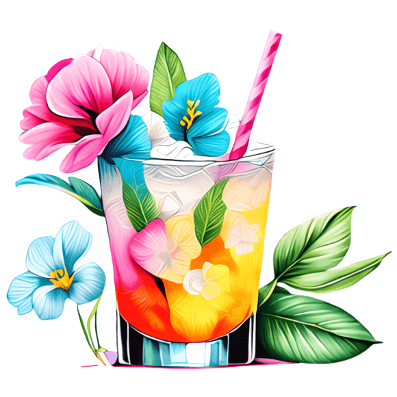 Magische Sommer-Getränkegrafik, farbenfrohe Blüten, Cartoon-Design Community-Inhalt Von Vintage